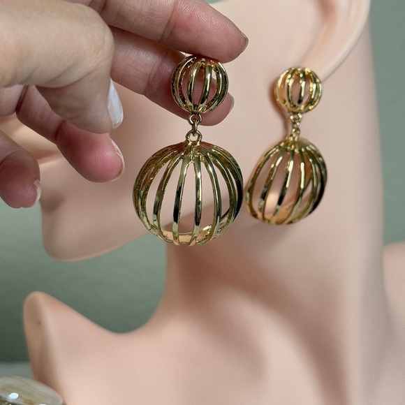 Gold Spherical Drop Earrings - Picture 7 of 8